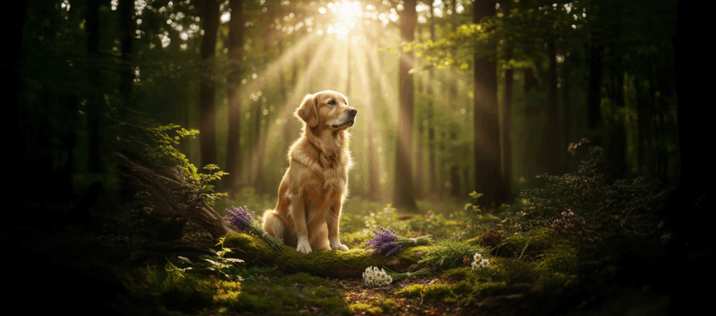 Ein aufmerksamer Golden Retriever im mystischen Wald mit Sonnenstrahlen, Lavendel und Kamille.
