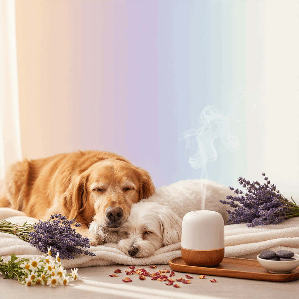 Golden Retriever und kleiner weißer Hund schlafen eng aneinander neben Lavendel und Diffusor.