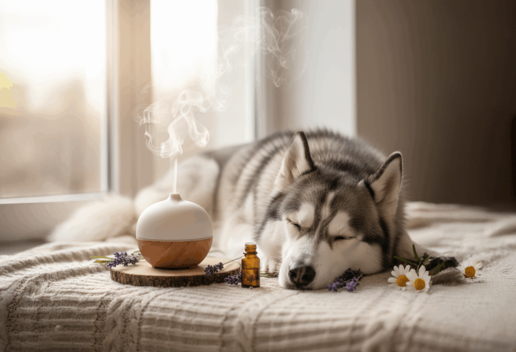 Ein friedlich schlafender Husky am Fenster, umgeben von einem Diffusor und beruhigendem Lavendel.