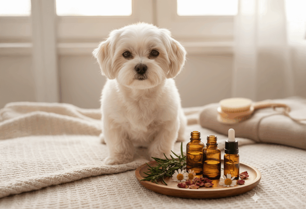Aufmerksamer weißer Hund bei der natürlichen Fell- und Hautpflege mit Kräutern und Ölen.