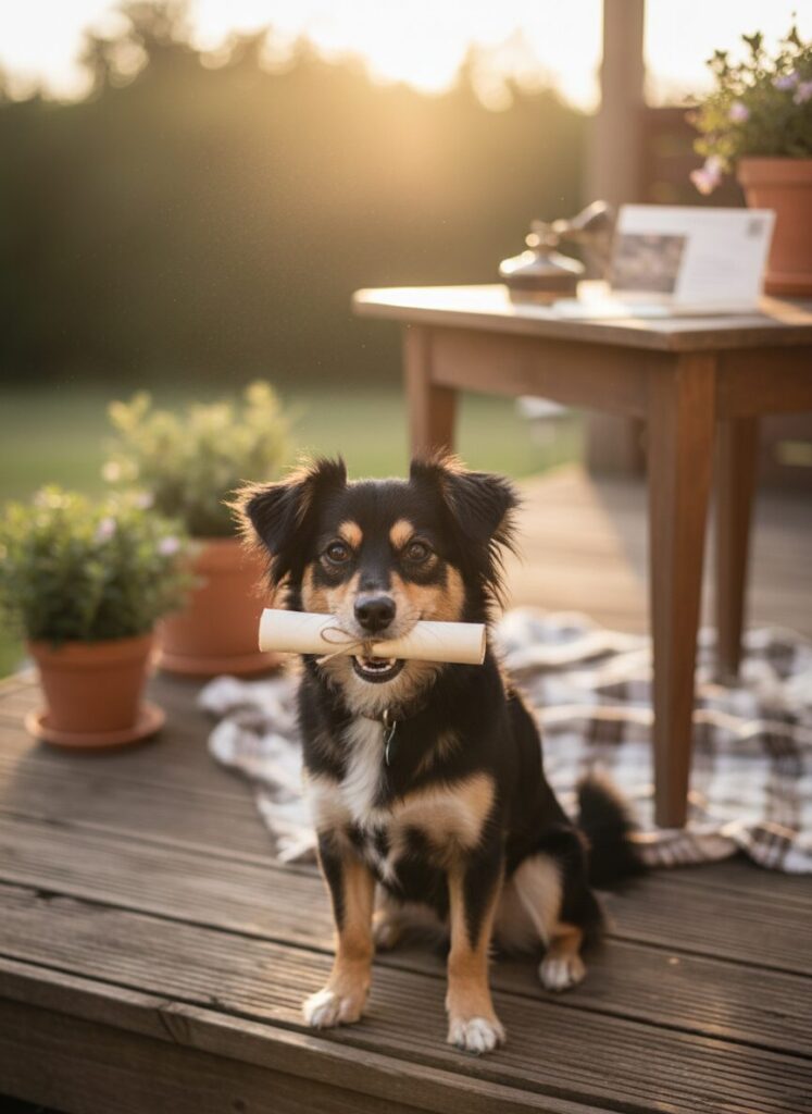 Kleiner Black-Tan Hund sitzt auf einer Holzterrasse und hält eine zusammengerollte Nachricht im Maul, im Hintergrund ein stimmungsvoller Sonnenuntergang.
