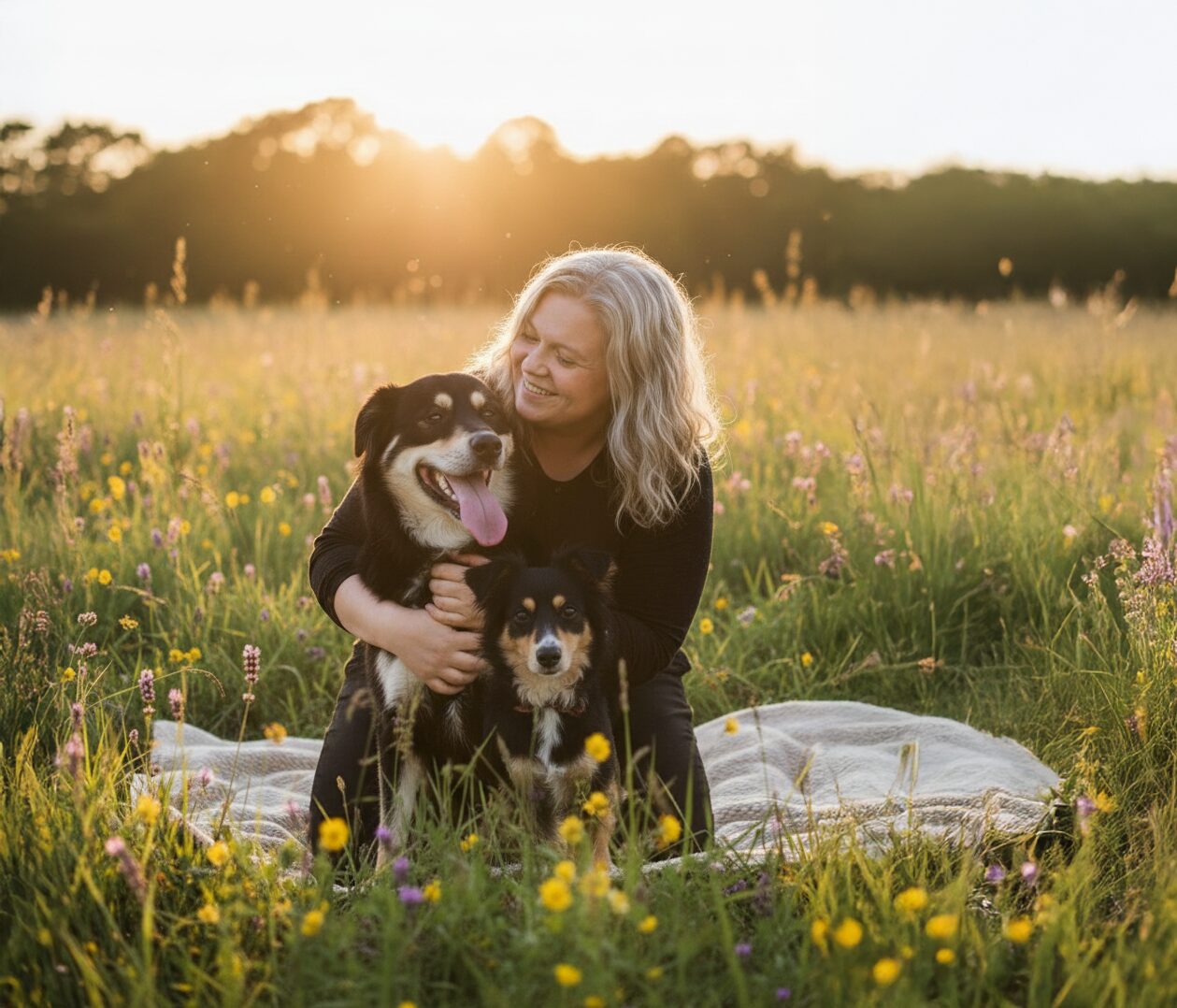 Aschblonde Frau mit ihren zwei Black-Tan Hunden sitzt lächelnd auf einer Decke im sommerlichen Feld.